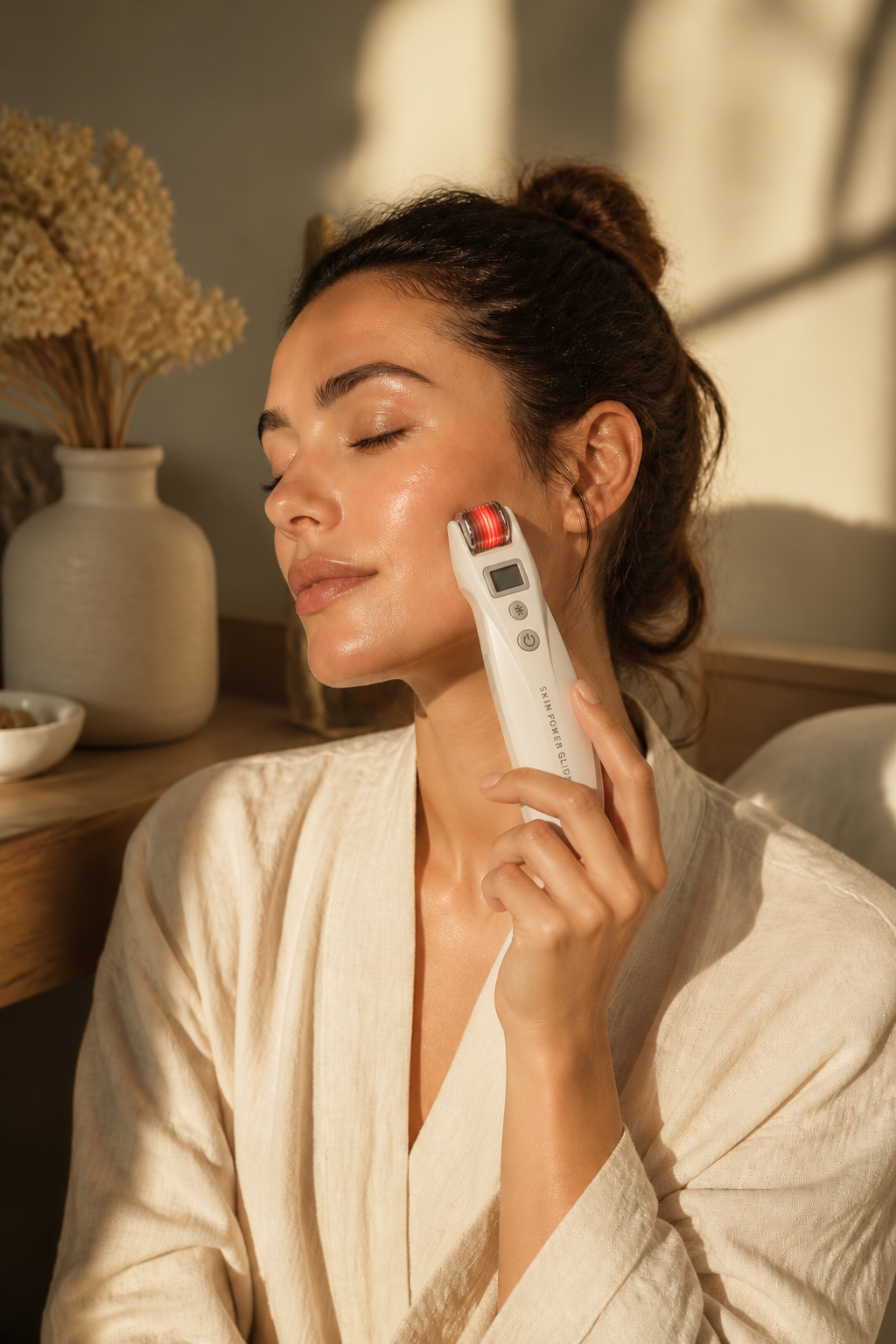 Woman using an advanced at-home skin treatment device in a calm home setting